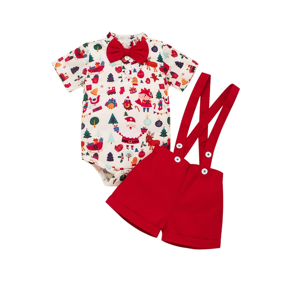 Новинка года; Рождественский Костюм Джентльмена для маленьких мальчиков; комбинезон с короткими рукавами для новорожденных и маленьких детей+ красные шорты; комбинезоны; рождественские костюмы