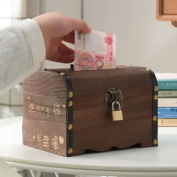 

Wood Square Piggy Bank Retro Creative Money Box Fashion Simple Security Savings Deposit Tank with Lock House Decoration GG50cq