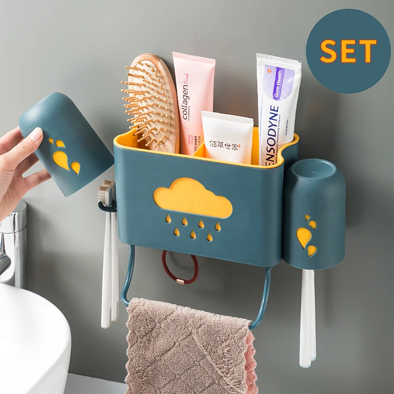

Toothbrush Holder Toothpaste Dispenser Spoon Cup Organizer Hang Towel Cloth Set Strong Paste on Wall For Home Bathroom Toilet