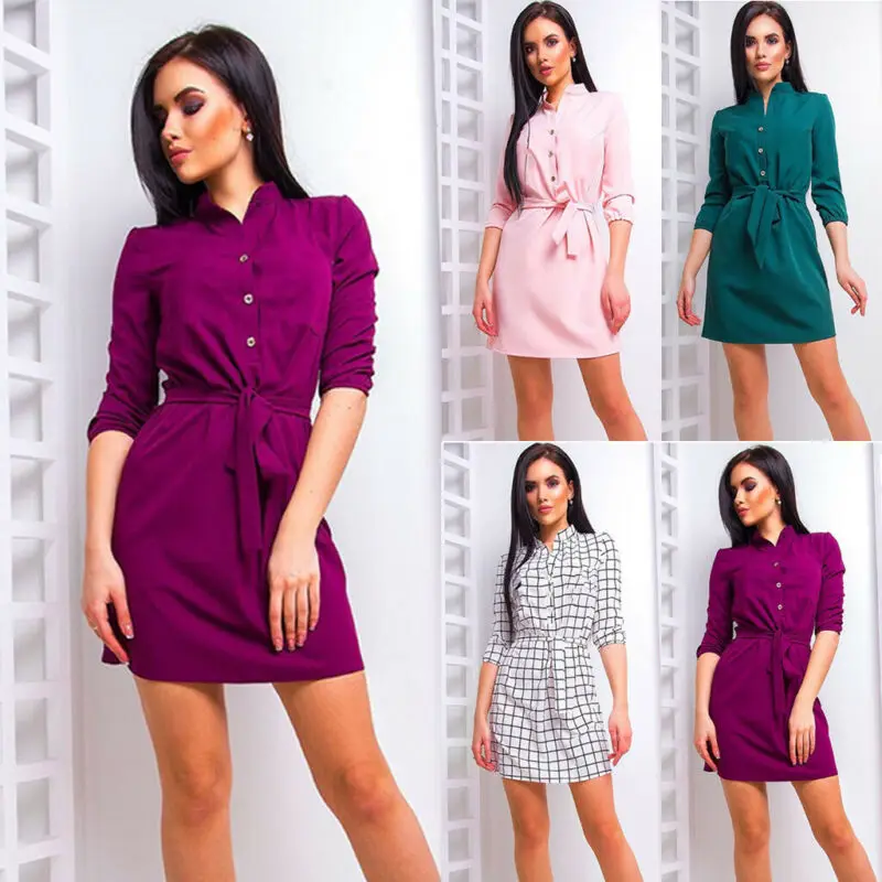 

Womens Dress V-Neck Seven Sleeve Button Solid Color Lace Up Bandage Mini Dress Evening Party Office Lady Autumn Dress Women New