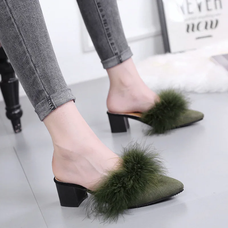 

Closed-toe ban tuo xie Women's Korean-style 2017 Autumn And Winter New Style Furry Pointed Semi-high Heeled Chunky-Heel Versitil