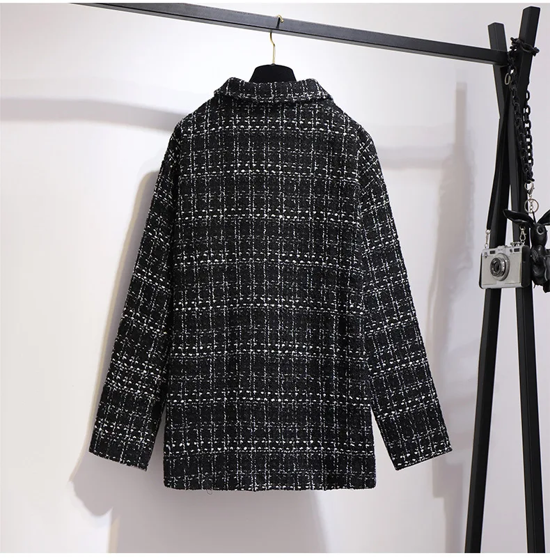 2XL~ 6XL зимний комплект из 3 предметов: пальто, жилет, юбка, женские костюмы, большой размер, модный клетчатый твидовый Блейзер, топ, платье, юбка, наряд B714