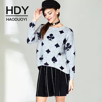 

HDY Haoduoyi New Fashion Autumn Thin Pullover Jumper Knitted Print Long Sleeve Crewneck Casual Pullover Short Sweater Women