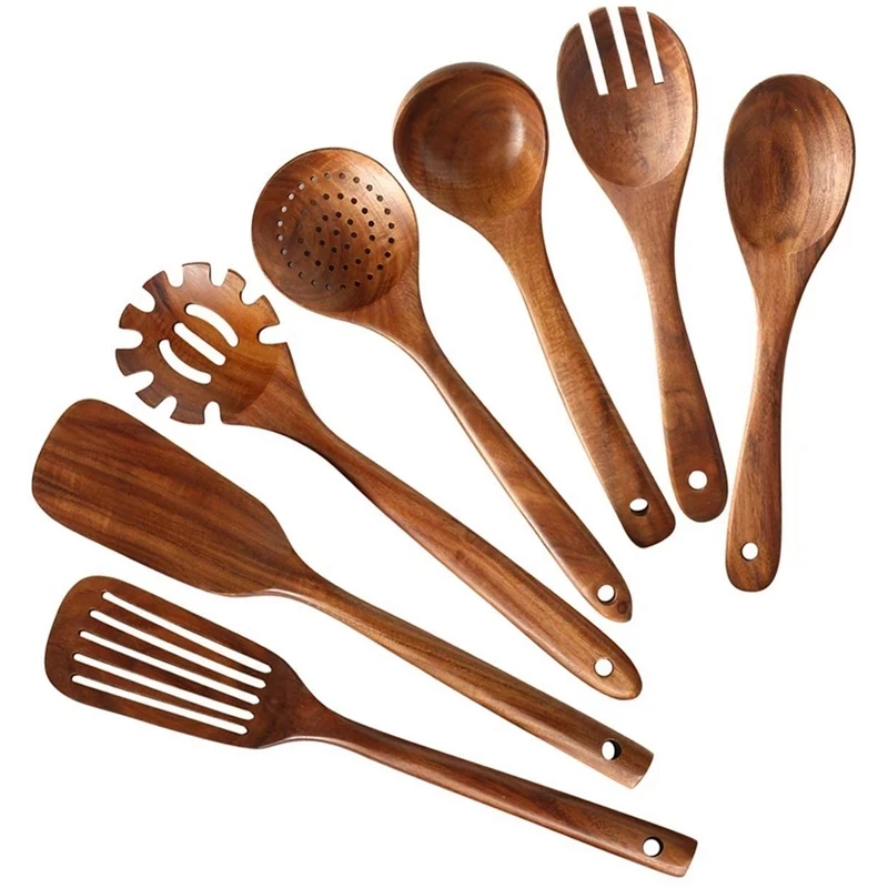 Thailand Teak Natural Wood Tableware Spoon Ladle Turner Long Rice Colander Soup Skimmer Cooking Spoons Scoop Kitchen Tool Set