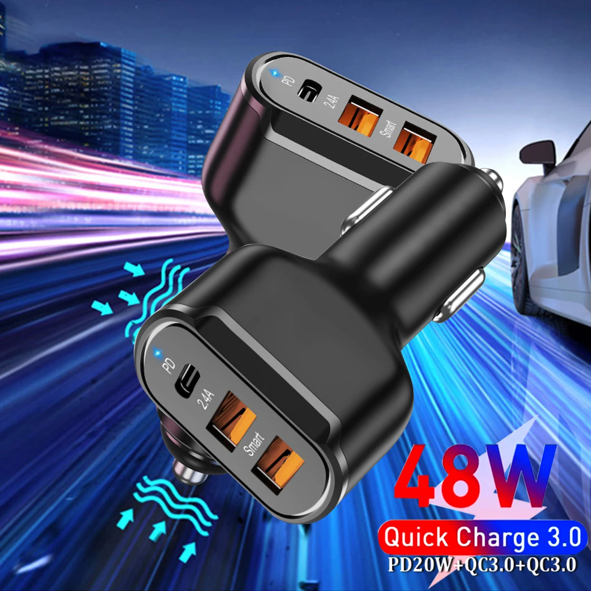48W PD Car Charger Dual USB + 1ประเภท C Fast QC 3.0ชาร์จโทรศัพท์อะแดปเต
