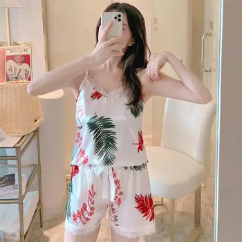 

Summer Silk Women Pajamas Set Girl Short Pant Women Pajamas Sets 2pcs Sexy Sleepwear Top Shortless Sleeve Sling Pyjamas