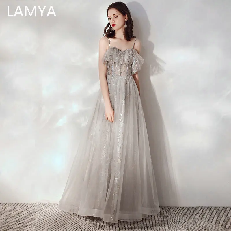 LAMYA вышитые бусами тонкие лямки с оборками Длинные вечерние платья Элегантный Роскошный Плюс Размер Выпускное Платье Vestido De Novia