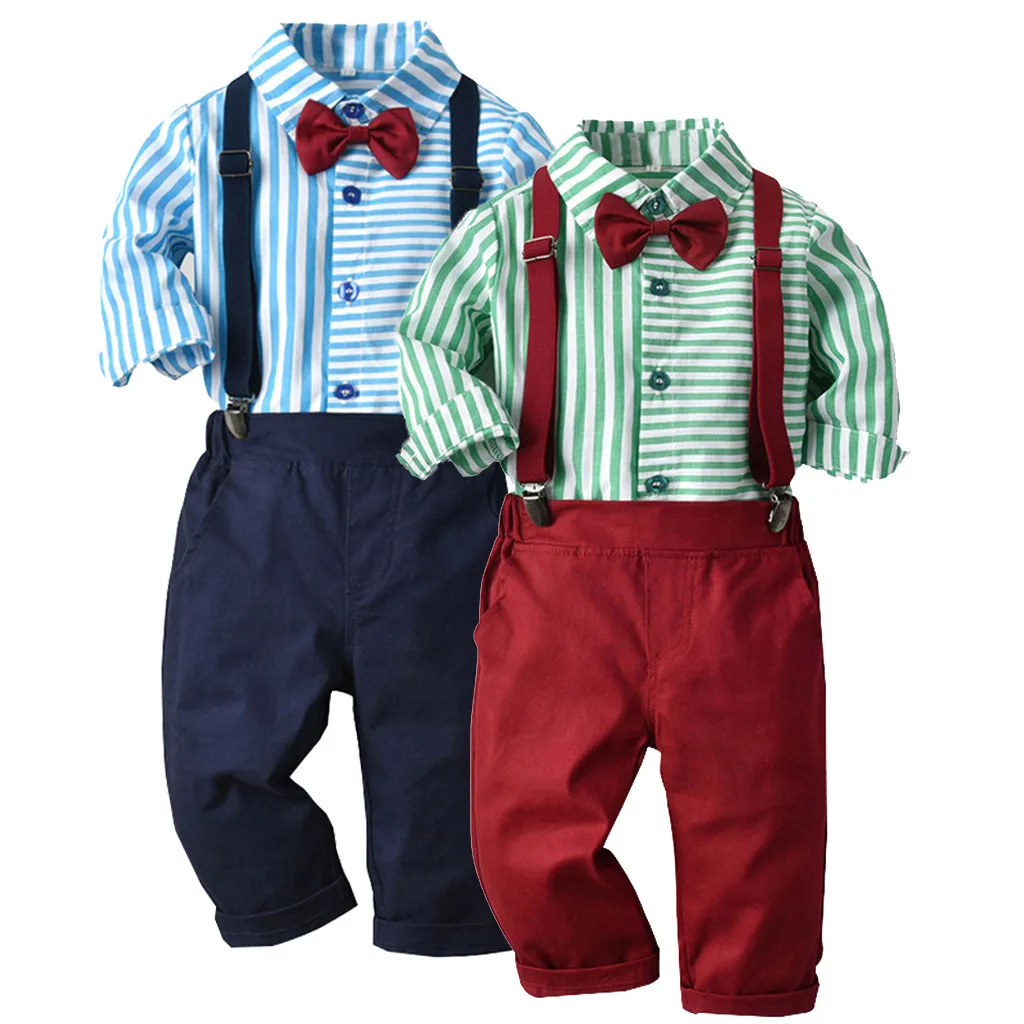 Toddler Kids Baby Boys Outfits Long sleeve Bow Tie stripe Shirt+ Suspender Pants Gentleman Children boy clothes sets