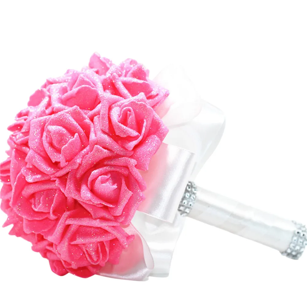 Hot Pink Розы с кристаллами, жемчужный букет невесты, свадебный букет, искусственные шелковые цветы, искусственные цветы, праздничные принадлежности, домашний декор, букет - Цвет: Hot Pink