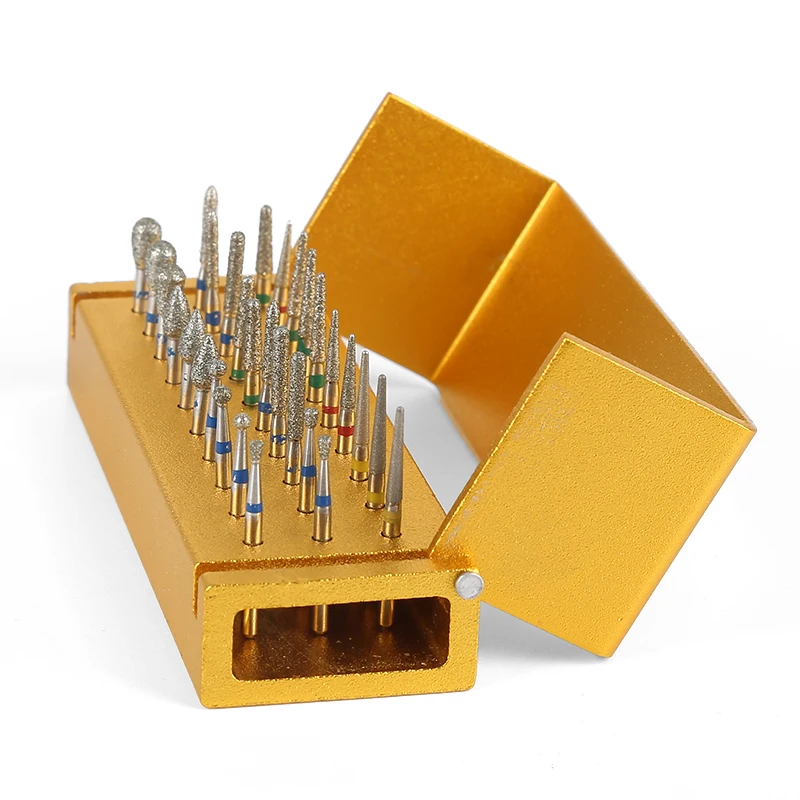 1Pcs Aluminum Disinfection Holder Block+30Pcs Professional Dental Diamond Buffing High Speed Burs Drill Eeth Polishing Drillls