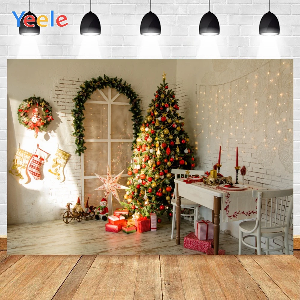 

Yeele Merry Christmas Tree Red Balls Gifts White Table And Chair Photo Background Photophone Backdrops for Decor Customized Size