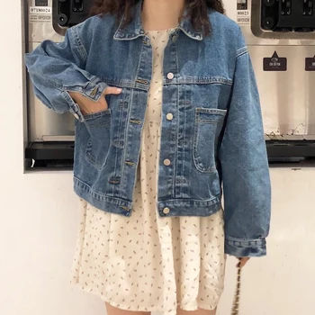 

Spring Autumn Denim Jacket Women Solid LooseTurndown Collar Jeans Coats Female Vintage Fashion Wild Long Sleeve Jeans Basic Coat