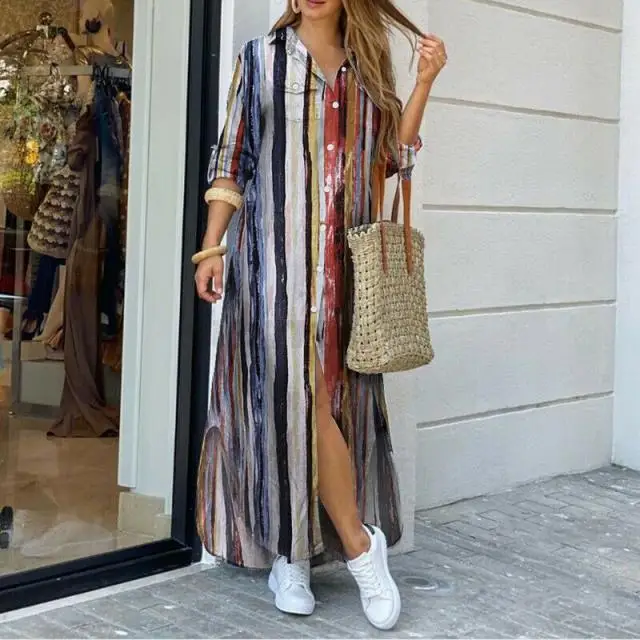 Autumn Long Dress Long Sleeve Shirt Dress Women Denim Long Dresses Pocket Button Shirt Print Dress Casual Loose Dresses 2021