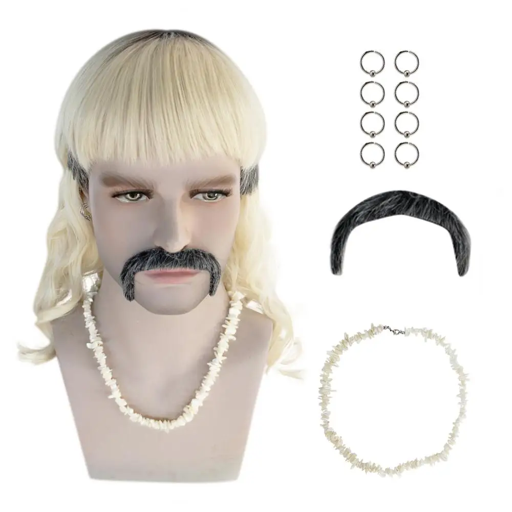 

ANOGOL Joe Exotic Wig+8 Earrings+1 Mustache+1 Clavicle Chain Black Ombre Blonde Wig Natural Synthetic Hair for Halloween Party