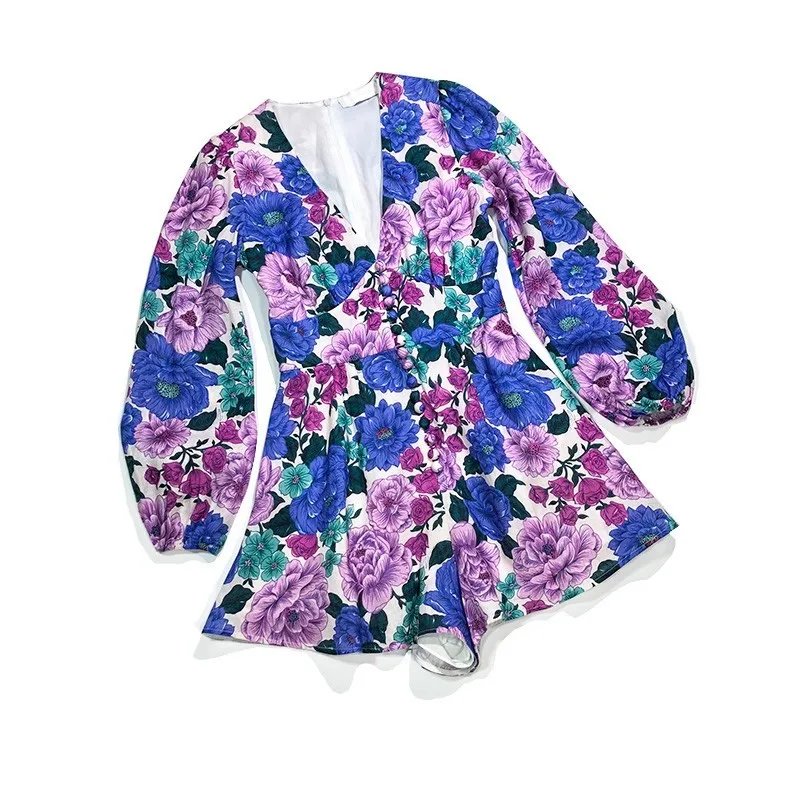 

Top Quality Violet Flowers Print Linen Playsuits Women 2021 Sping Summer Newest Branded Long Sleeve Wide Leg Designer Overalls