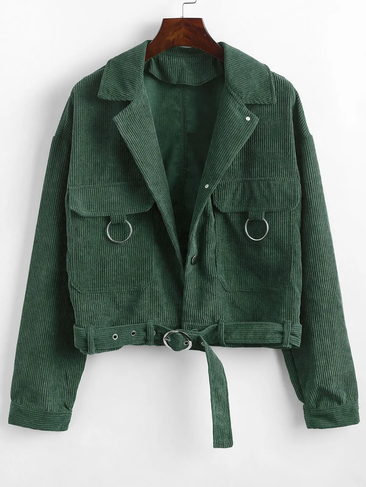 Green ZAFUL, на пуговицах, с поясом, одноцветная Вельветовая куртка, с карманами, с заниженным плечом, простая, с круглым кольцом, украшенная, женская, повседневная, осенняя куртка - Цвет: Green