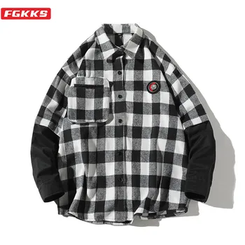 

FGKKS Trend Brand Men Plaid Shirt Spring New Men's Fashion Casual Fake Two Shirt Male Comfortable Long Sleeve Shirts Tops