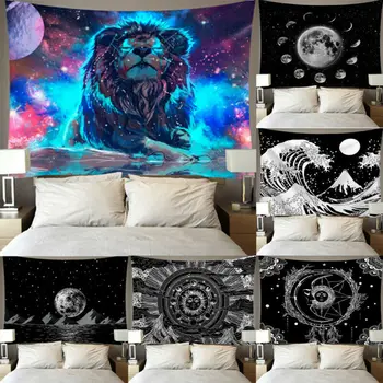 

Tapestry Wall Hanging Polyester Moon Star Pattern Tapestry Home Decor Wall Hanging Lion Moon Pringting Pattern Blanket 95x73cm