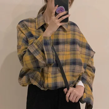

Autumn 2020 New Retro Temperament Loose Mid-Length Color Oversize Matching Plaid BF Style Thin Long-Sleeved Shirt Jacket Women