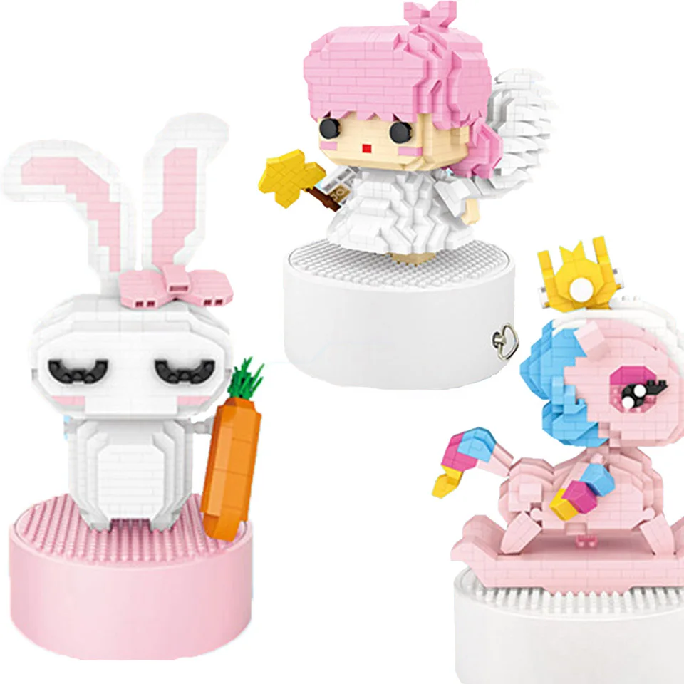 

Romantic Rabbit Rotating Music Box Building Blocks Cartoon Angel Spell Inserting Block Miniature legoinglys Building Toy Kids