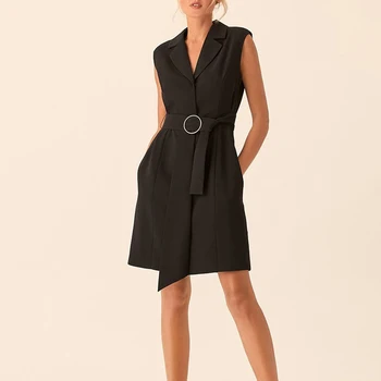 

Plus Size Sleeveless Suit Blazer Dress with belt Women Elegant Office Sundress Vintage Long High Waist Robes Dropshipping 2020