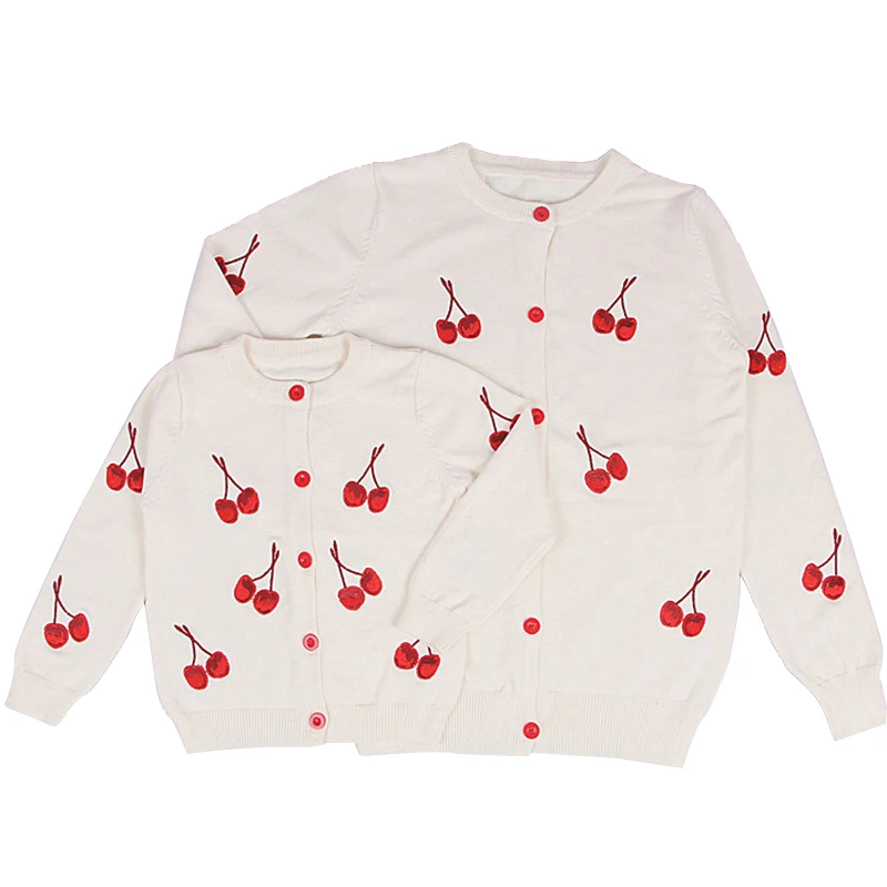 

Spring Autumn Family Matching Sweaters Mother & Kids Cherries Embroidery Knitted Cardigan Baby Girls Boys Knitwear Tops Clothes