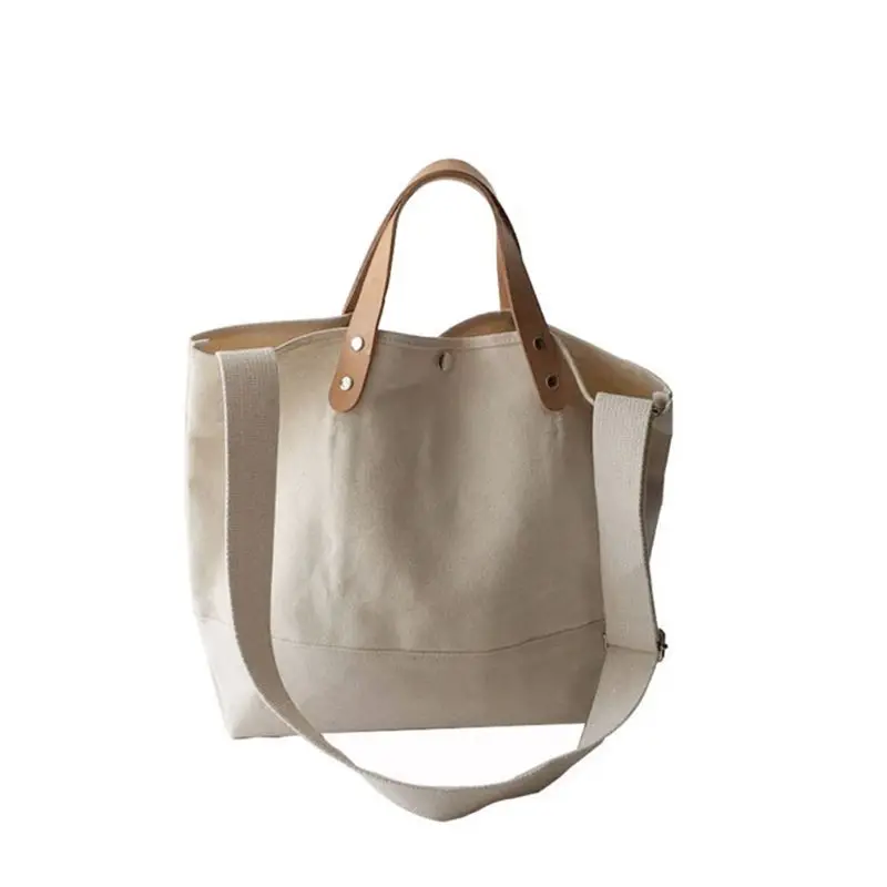 

Practical Durable New Women Canvas Shoulder Bag PU Handle Snap Button Casual Style for Travel Study