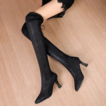 

Hot Boots Women Shoes Sexy Female Over The Knee Bootie Winter Bling Flock British Style High Heels Boots Feminine Botas De Mujer