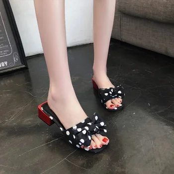 

Woman Sandals Women Peep Toe Slip On Square Heel Bowtie Polka Dot Beach Casual Ladies Fashion Female Elegant 2020 New Shoes