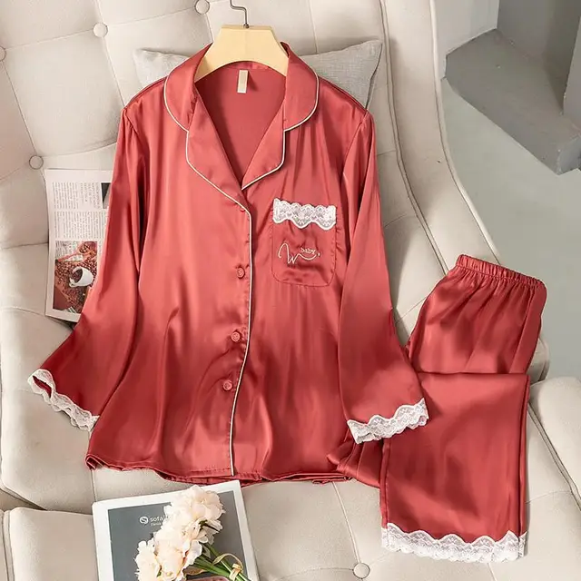 Satin Pajamas Set Faux Silk Women Sleepwear Shirt&Pants Casual Lace