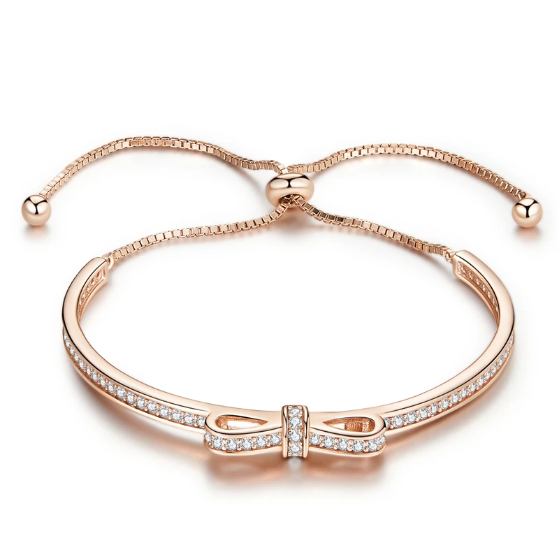 Tanie WOSTU New Arrival 925 Sterling srebrna iskrząca Bowknot łańcuch regulowana bransoletka typu bangle dla kobiet S925 biżuteria prezent CQB108