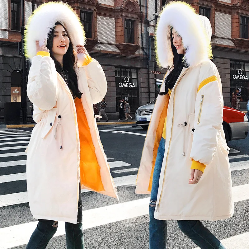 

2018 Winter New Style Cotton Coat Medium-length Thickening Large Fur Collar Students Korean-style Loose-Fit Cotton-padded Clothe