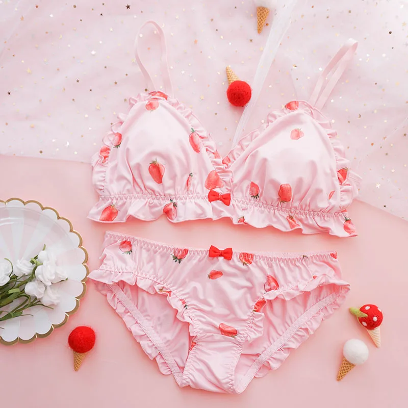 Strawberry Cute Japanese Milk Silk Bra & Panties Set Wirefree Soft  Underwear Set Kawaii Lolita Bra And Panty Set Pink Lingerie