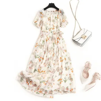 

Bohemian Style Fashion Summer Dress Women Clothing 2020 New Elegant Short Sleeve Slash Neck Print Mid Calf Holiday Chiffon Dress