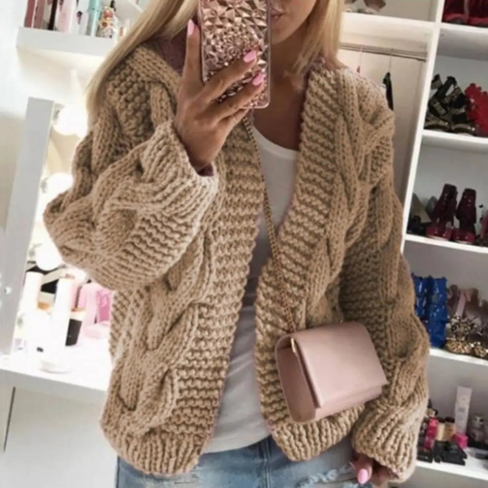 

Однотонный свитер, кардиган, женское вязаное пальто на осень и зиму, плотный вязаный кардиган с открытым стежком, женская верхняя одежда
