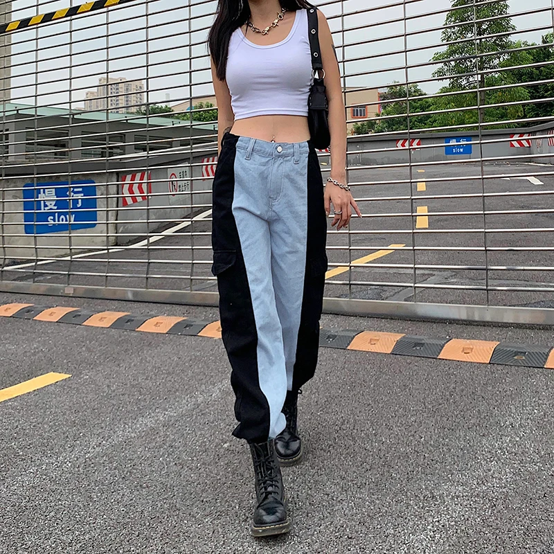 

Patchwork Jeans Pant for Women High Waist Trousers Streetwear Fashion Feet Denim Pants Women Cargo Pants Woman Casual
