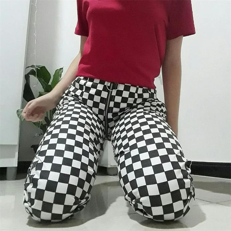 Лоскутные пикантные клетчатые обтягивающие брюки джоггеры на молнии с длинной