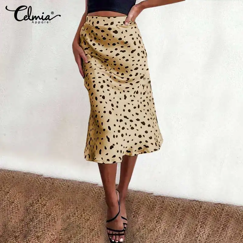 

Celmia Summer Sexy Printed Midi Skirts Women Fashion Satin High Waist Loose Elegant Skirts Ladies Beach Bottom Plus Size Skirts