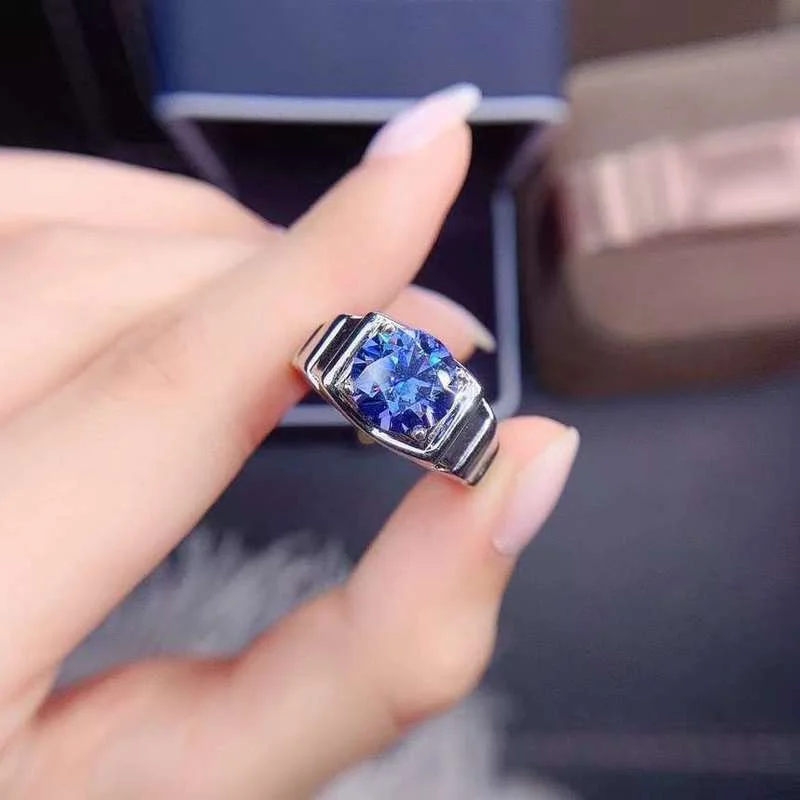 Il Classico Anello Moissan Blu Che Scoppia Invincibile Carati Diamante 2 Carati Vvs Chiarezza Con Argento 925 Per Anello Da Uomo