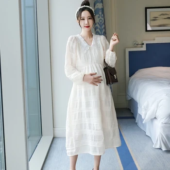 

Maternity Gown Autumn Lace Doll Collar Long Sleeve Dress Korean Loose Mesh Pure Color Dresses for Women Pregnancy Clothes