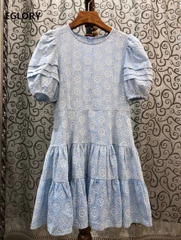 

100%Cotton Embroidery Dress 2020 Summer Style Women Allover Dot Patterns Short Sleeve A-Line Black Apricot Blue Vintage Dress