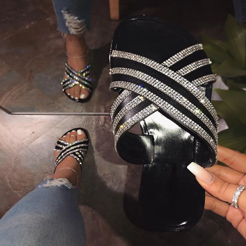 

Summer Black Slippers Woman Sexy Rhinestone Slide S Beach Sandals Outdoor Flat Non-slip Flip-flops Ladies Casual Big Size Shoes