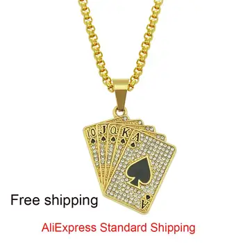 

Male Chain Collier Poker Card Pendant Hip Hop Jewelry Rock Charm Chain Bling Zircon Playing Card Straight Flush Necklace Men