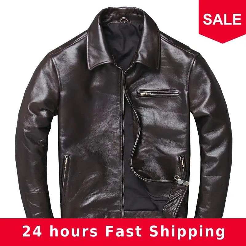 

2020 Dark Brown Men Smart Casual Leather Jacket Plus Size XXXXL Genuine Cowhide Russian Autumn Slim Fit Leather Coat