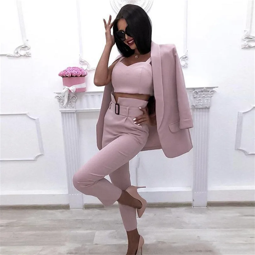 Taotrees Women's Solid Color Blazer Pant Suits Office Lady Jacket and Sling Tops and Trouser Workwear Three Piece Sets