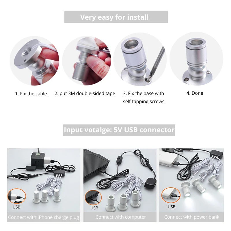 Mini LED Spot Downlight 1W 5V USB dimmable spotlight model display wine cabinet small mini counter hand-run exhibition case