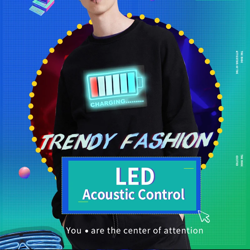 

Men/Women LED Light Acoustic Control Wire-Free O-neck Long-sleeved Hoodie Light up Equalizer Clothes for Party