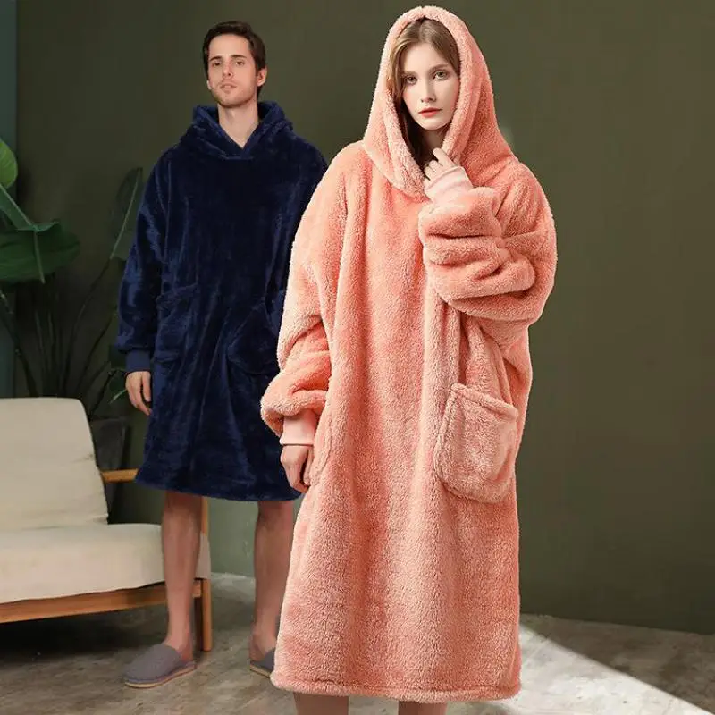 

Ночная рубашка из кораллового флиса с капюшоном мужская одежда для сна зимний теплый халат мягкая ночная рубашка с карманами Свободная Домашняя одежда для влюбленных