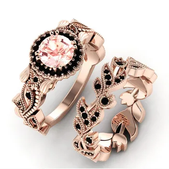 

FDLK 2020 New Design Women Rose Gold Flower Leaves Inlaid Powder Zircon Ring Bride Engagement Wedding Jewelry Ring Set