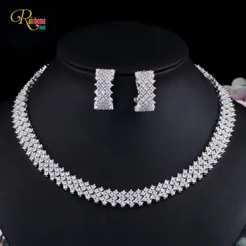 

Rainbamabom 100% 925 Solid Sterling Silver Created Moissanite Luxury Rose/White Gold Earrings/Necklace Wedding Jewelry Set